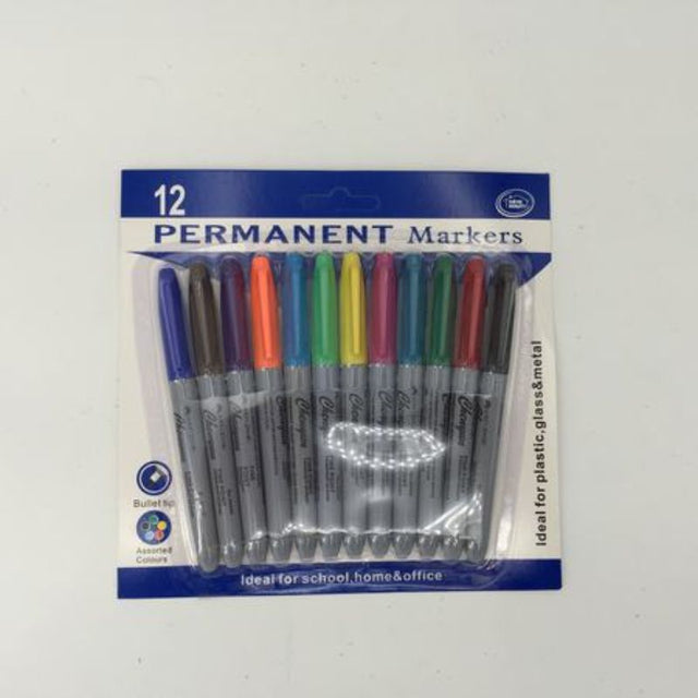 Assorted 12pc permanent markers pack, vibrant colors for creative projects on various materials, perfect for artists and crafters.