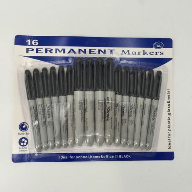 Black permanent markers pack of 16, perfect for artists and crafters, featuring fine and chisel tips for versatile use.