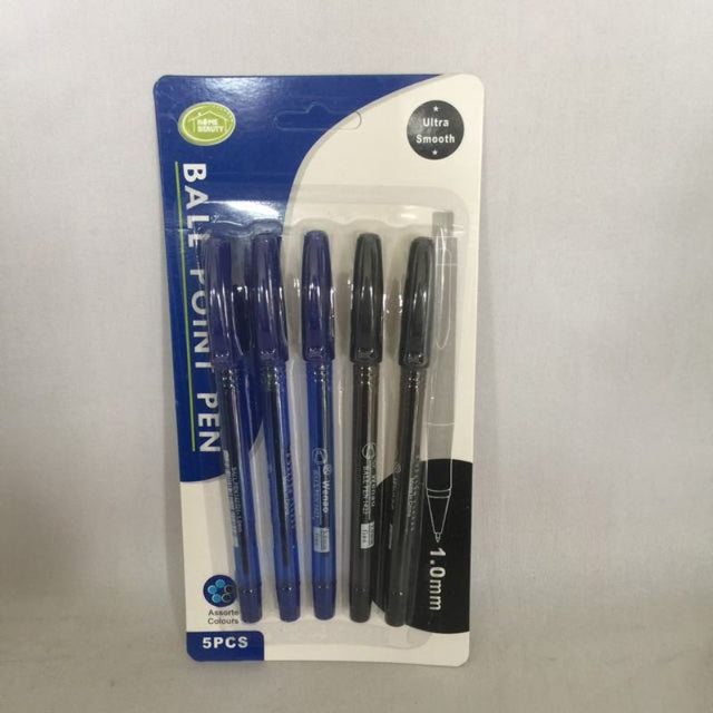 Set of ballpoint pens with 3 blue and 2 black in each pack, designed for smooth writing and durability for all users.