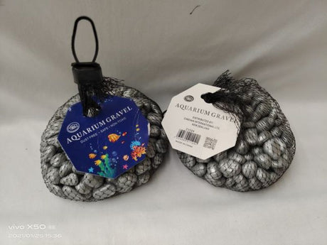 Shimmering silver aquarium stones in 500g packs enhance beauty and provide hiding spots for aquatic life.