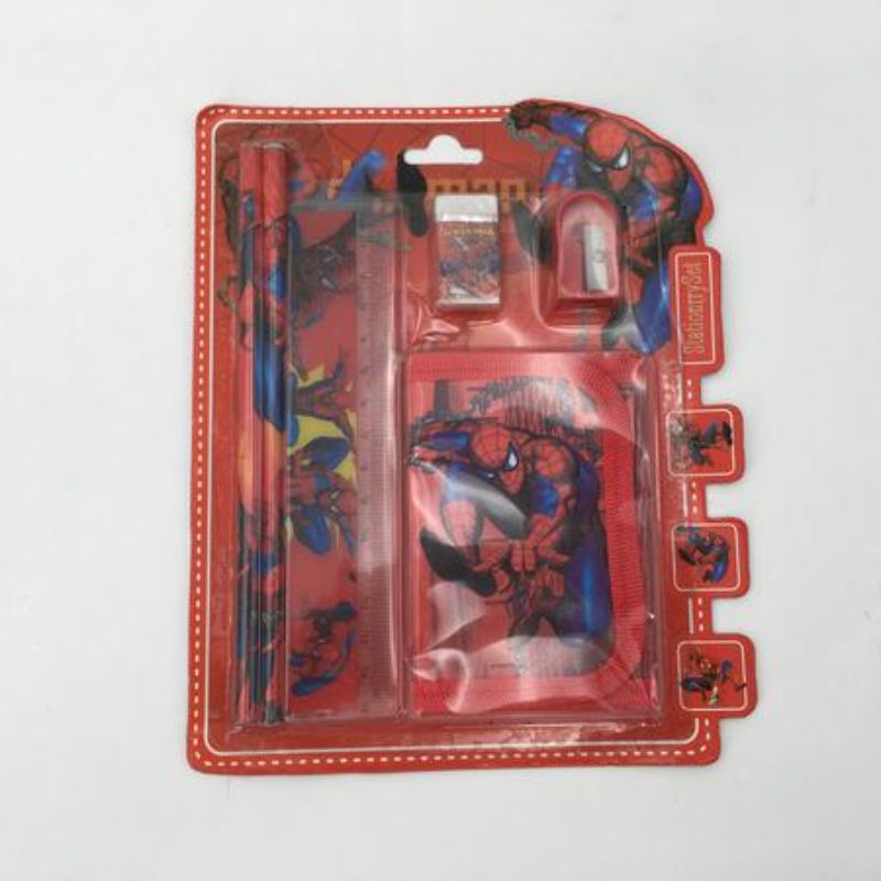 Colorful Spiderman stationery set for kids, featuring pencils, erasers, and notebooks to inspire creativity and learning.