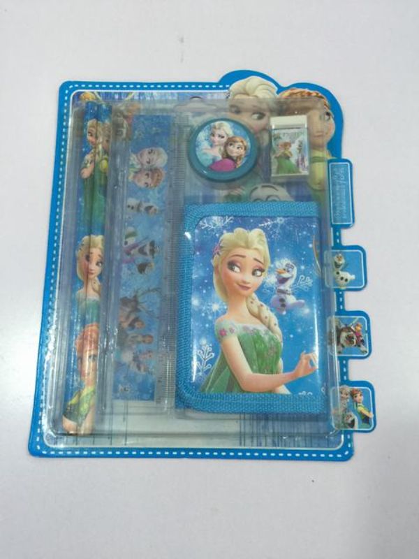 Colorful Frozen stationery set featuring pencils, erasers, and notepads with Elsa and Anna for creative fun.