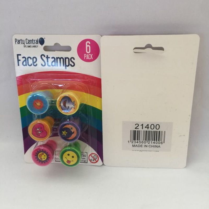 Colorful face stamp set featuring 6 unique designs, perfect for scrapbooking and creative projects for all ages.