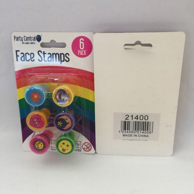 Colorful face stamp set featuring 6 unique designs, perfect for scrapbooking and creative projects for all ages.