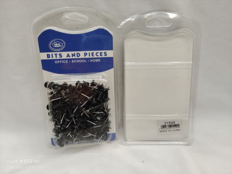 Black push pins in bulk (1200 pcs), perfect for organizing notes and photos in home or office settings.