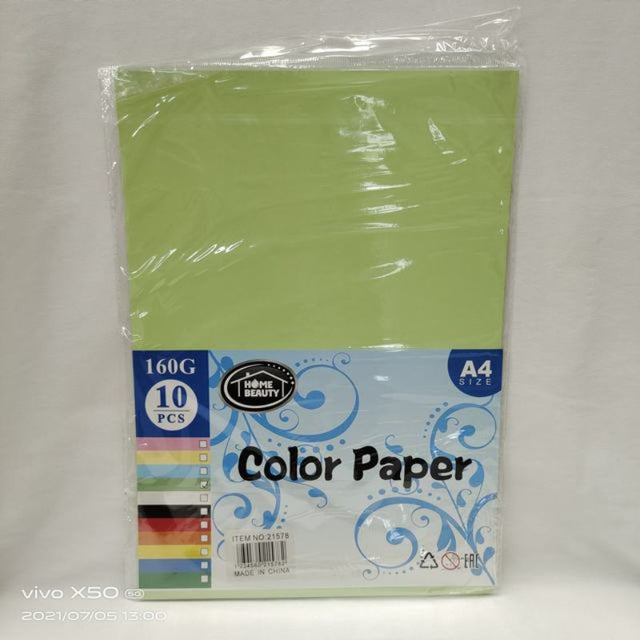 Premium A4 light green colour paper, 160G, 10 sheets per pack, 12 packs for vibrant crafting and printing projects.