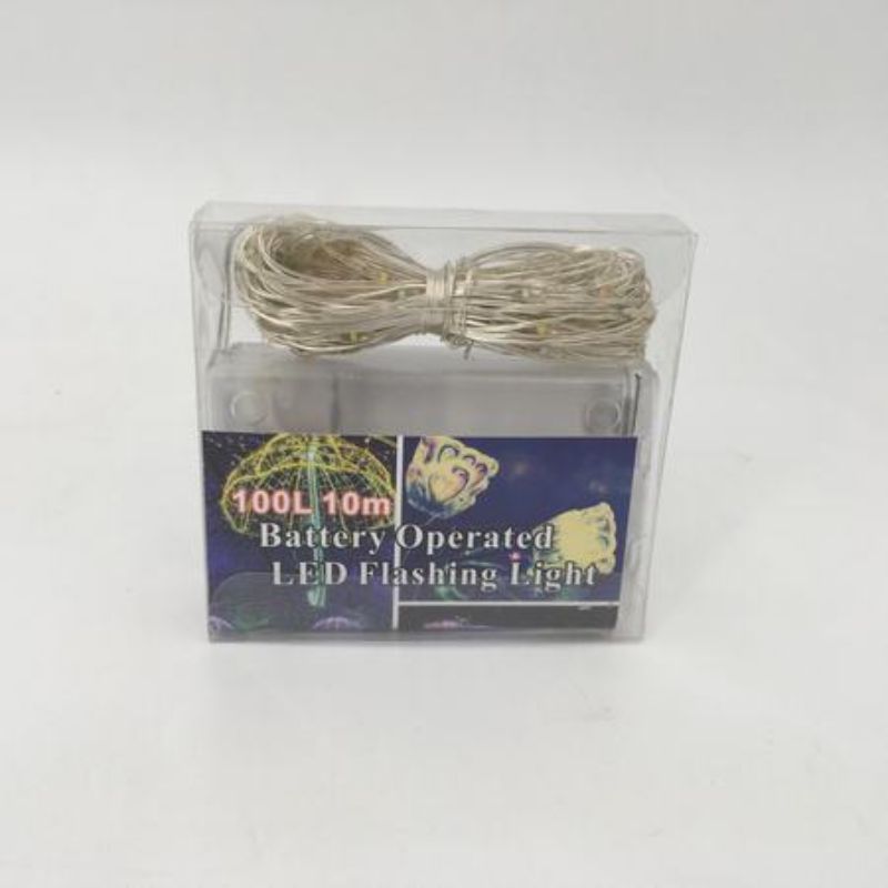 Warm white LED string lights, 100 heads, 10m long, battery-operated, perfect for festive decor and outdoor use, 12 packs.