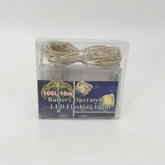 Warm white LED string lights, 100 heads, 10m long, battery-operated, perfect for festive decor and outdoor use, 12 packs.