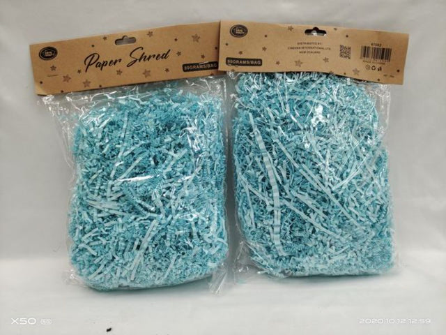 Vibrant blue paper shred in 80g packs, perfect for crafting, gift baskets, and eco-friendly decorations.