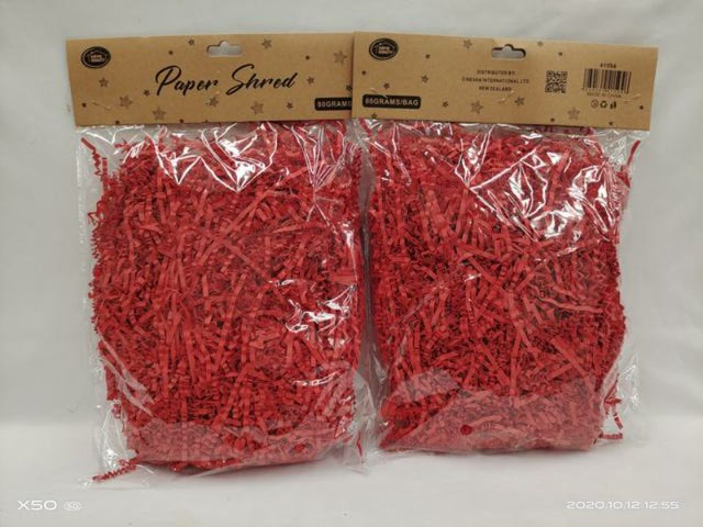 Bright red paper shred in 80g packs, perfect for enhancing gift baskets and event decor with vibrant, eco-friendly cushioning.