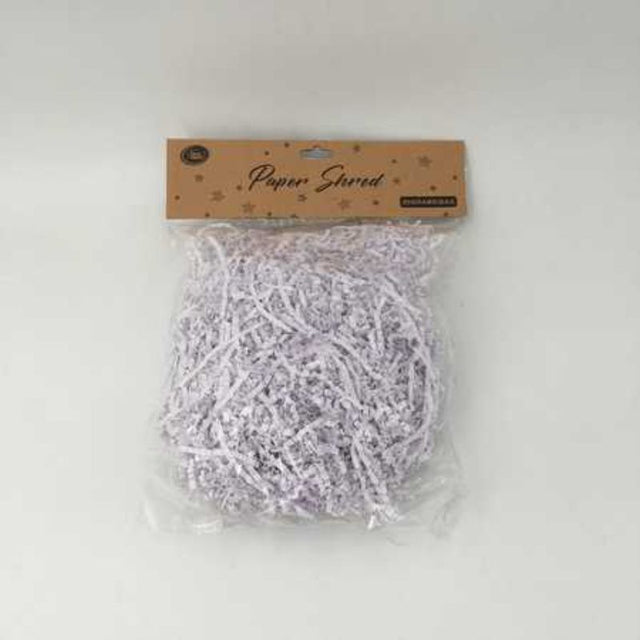 White paper shred, 80g in 12 packs, ideal for crafting and decorative projects, made from recycled materials.