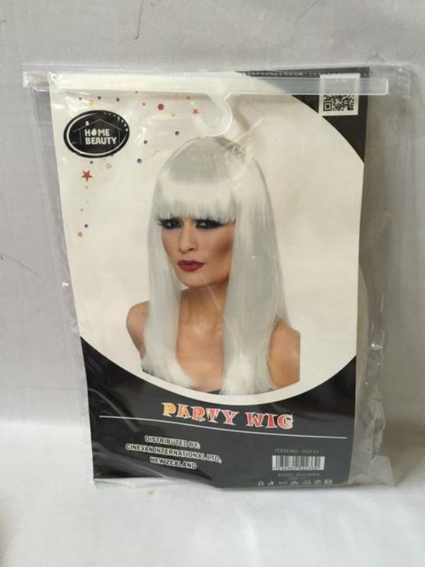 Set of 5 long straight white party wigs for Halloween, cosplay, or themed events, made from high-quality synthetic fiber.