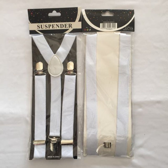 Set of 6 adjustable white suspenders, perfect for adding style and support to any outfit for men, women, and children.