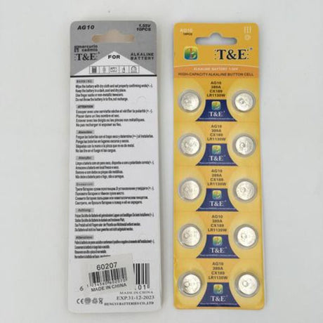 AG10 button batteries in a 12-pack, perfect for powering remote controls, toys, and other electronic devices.