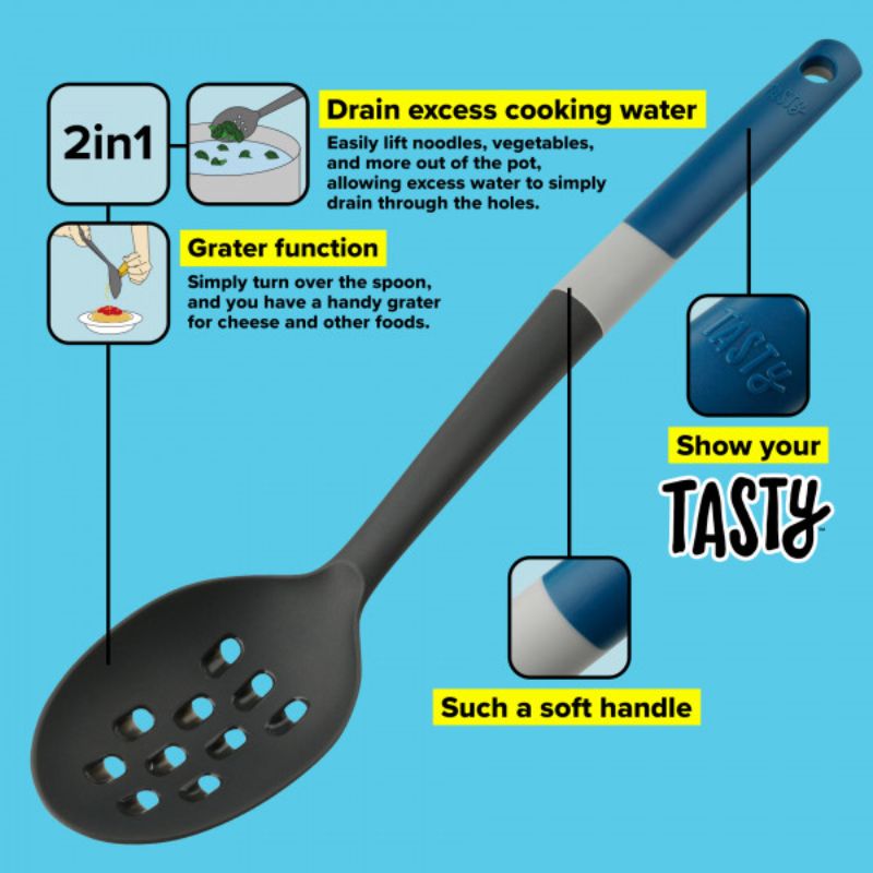 Vibrant Tasty Slotted Spoon with built-in grater, soft-touch handle, heat-resistant, and dishwasher safe for versatile cooking.