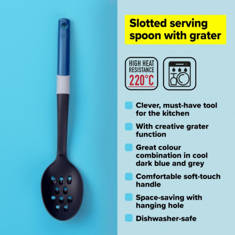 Tasty Slotted Spoon with built-in grater, soft-touch handle, heat-resistant, and vibrant design for versatile cooking.