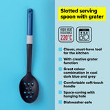 Tasty Slotted Spoon with built-in grater, soft-touch handle, heat-resistant, and vibrant design for versatile cooking.