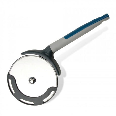 Extra-large pizza cutter with a soft-touch handle, finger protection cap, and dishwasher-safe design for easy and safe slicing.