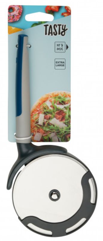 Extra-large pizza cutter with soft-touch handle and finger protection cap for safe, easy slicing of pizzas and more.