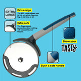 Extra-large pizza cutter with soft-touch handle and finger protection cap for safe, quick slicing of pizzas and more.