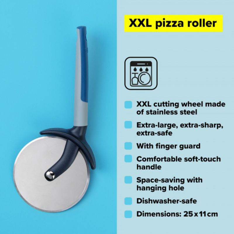 Extra-large pizza cutter with soft-touch handle, finger protection cap, and space-saving design, perfect for slicing pizzas easily.