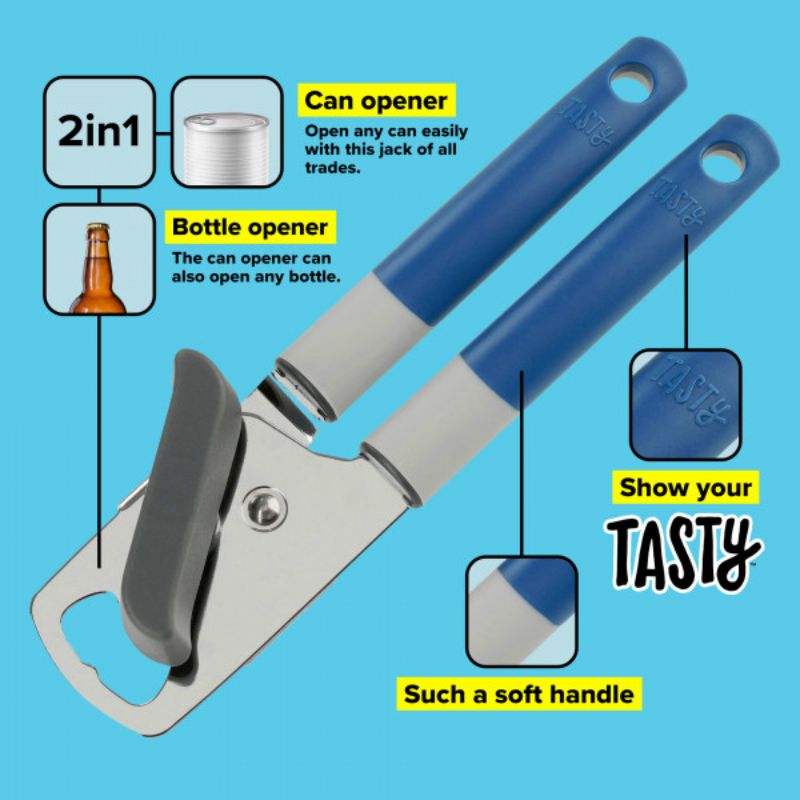 Tasty Can Opener with durable stainless steel wheel, ergonomic grip, built-in bottle opener, and vibrant design for easy use.