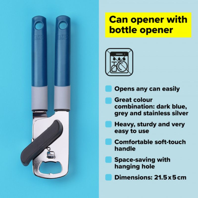 Colorful Tasty Can Opener with stainless steel wheel, ergonomic handles, and built-in bottle opener for effortless can opening.