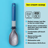 Stainless steel ice cream scoop with ridges for easy, perfect scoops; versatile for cookies, meatballs, and dough.