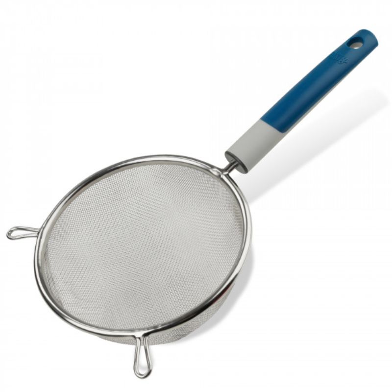 Tasty Mesh Strainer in vibrant blue, made of durable stainless steel for straining, rinsing, and sifting with ease.