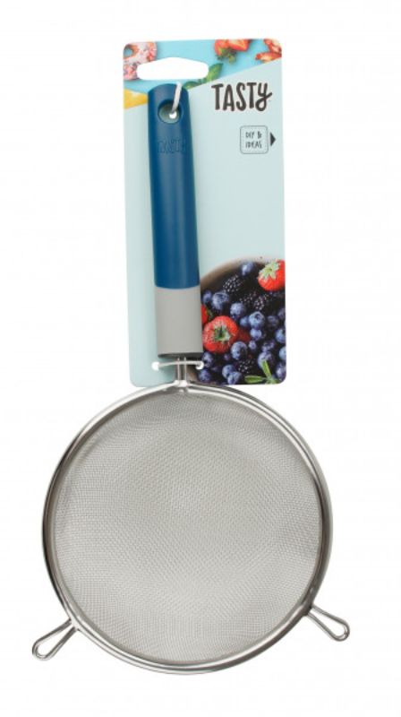 Tasty Mesh Strainer in vibrant blue, durable stainless steel, perfect for straining, rinsing, and sifting ingredients.