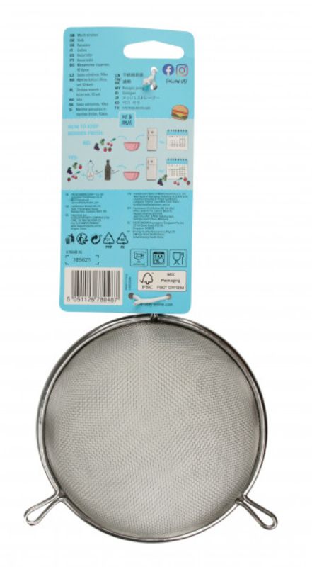 Tasty Mesh Strainer in vibrant blue, made of durable stainless steel for versatile straining, rinsing, and sifting tasks.