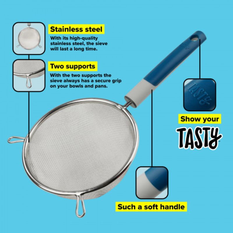 Stainless steel Tasty Mesh Strainer with vibrant blue color, perfect for straining, rinsing, and sifting in the kitchen.