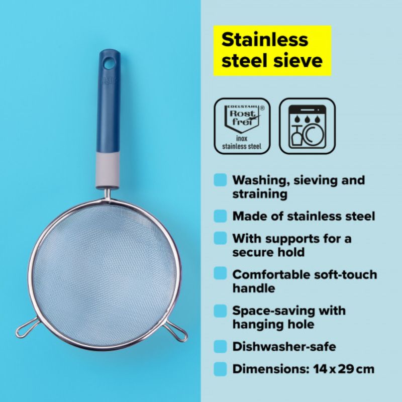 Stainless steel Tasty Mesh Strainer in vibrant blue, ideal for straining, rinsing, and sifting ingredients effortlessly.