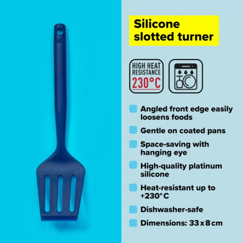 Tasty Silicone Slotted Turner in vibrant colors, designed for flipping, cutting, and serving with a non-slip grip.