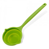 Green silicone foldable ladle with dual pouring spouts, heat-resistant, space-saving design, perfect for soups and sauces.