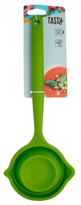 Tasty Silicone Foldable Ladle in green, featuring a collapsible design, heat resistance, and dual pouring spouts for easy serving.