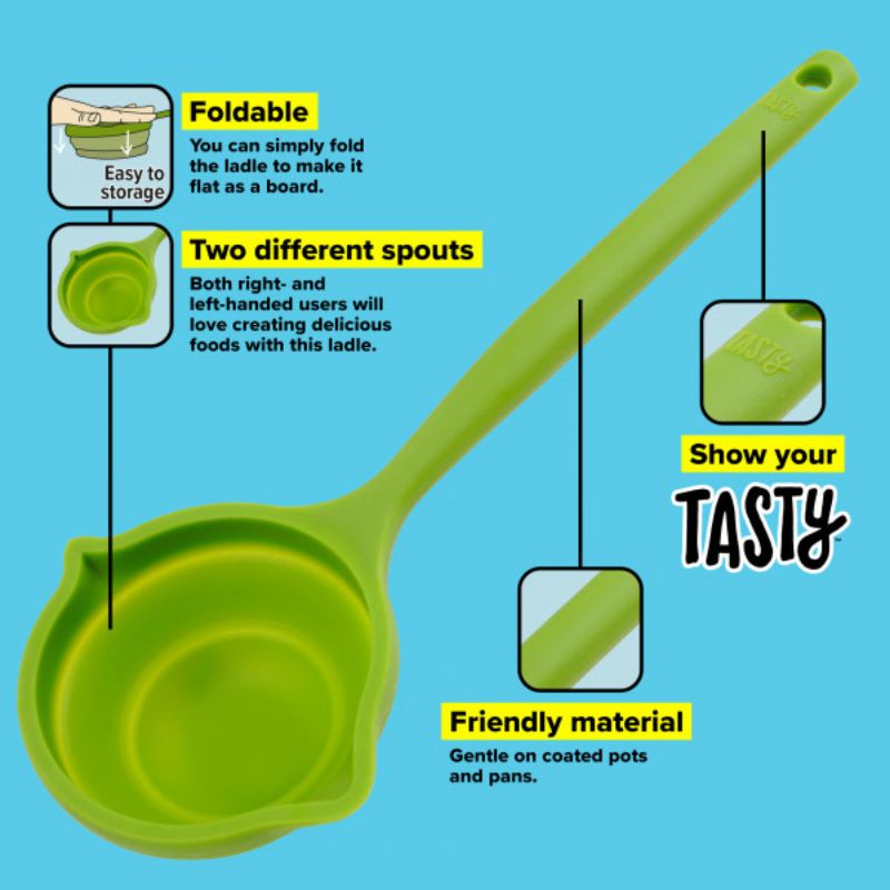 Green silicone foldable ladle with pouring spouts, heat-resistant design, perfect for easy serving and convenient storage.