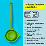 Collapsible green silicone ladle with dual pouring spouts, heat-resistant, perfect for easy serving and space-saving storage.