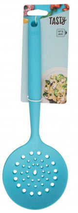 Light blue Tasty Silicone Skimmer with ergonomic handle, heat-resistant to 230°C, ideal for serving and frying.