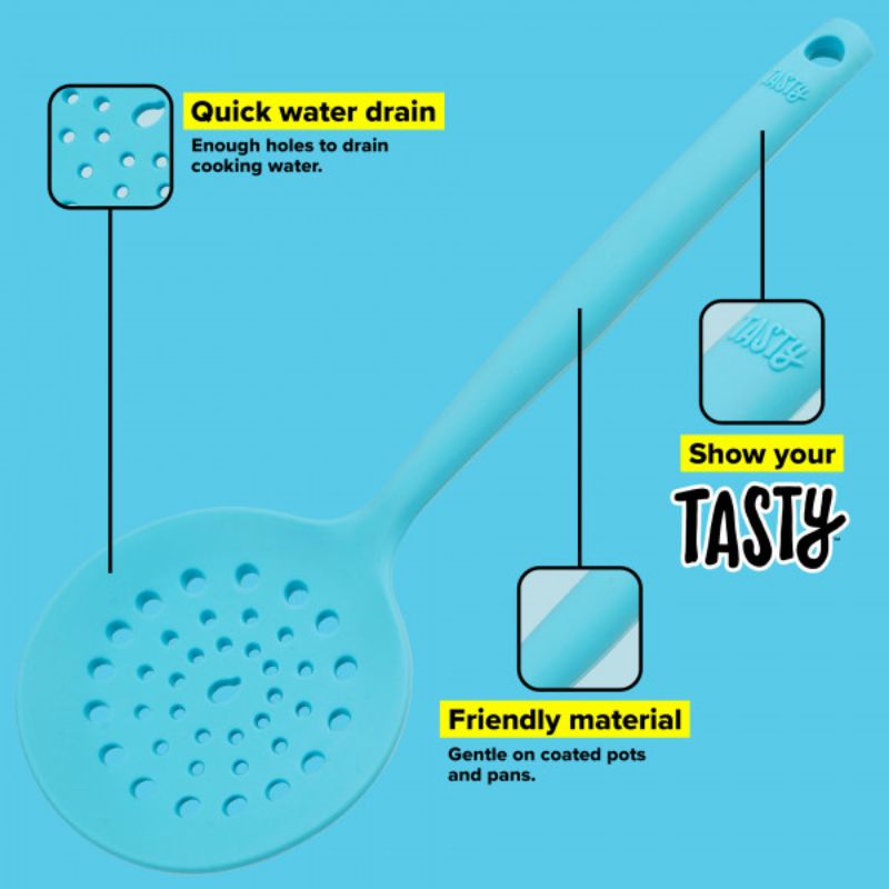 Light blue Tasty Silicone Skimmer with ergonomic handle, heat resistant, ideal for skimming and draining during cooking.