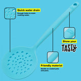 Light blue Tasty Silicone Skimmer with ergonomic handle, heat resistant, ideal for skimming and draining during cooking.