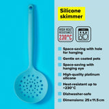 Light blue Tasty Silicone Skimmer with ergonomic handle and holes for draining grease, ideal for frying and serving.