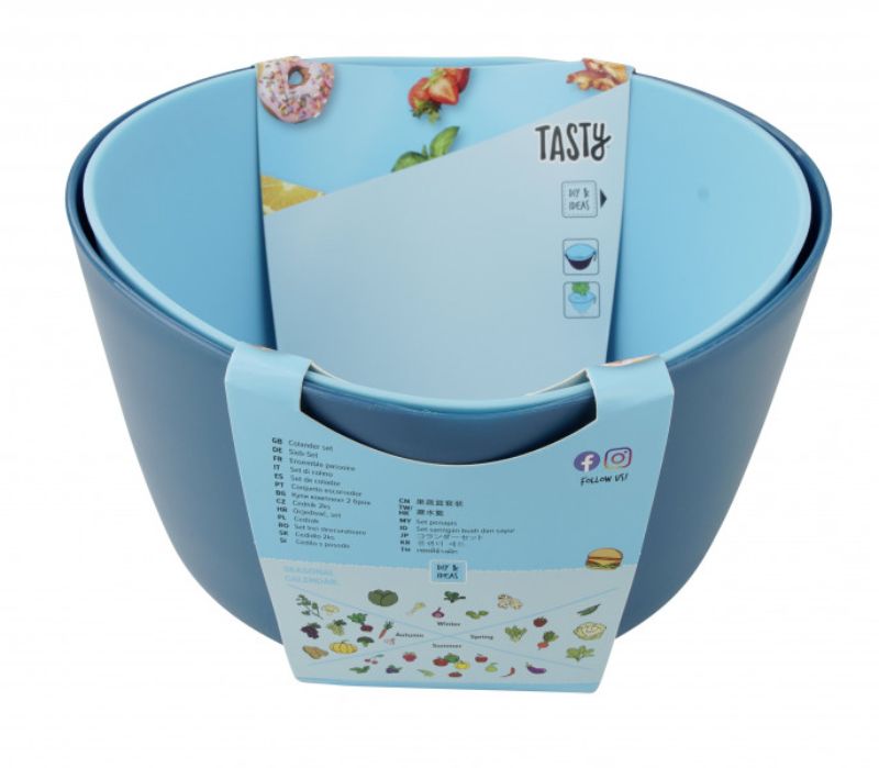 Vibrant Tasty Colander Set in sparkling blue and dark blue, perfect for washing, draining, and serving foods with ease.