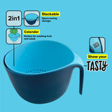 Vibrant Tasty Colander Set with blue colander and dark blue basket, perfect for washing, draining, and serving foods.