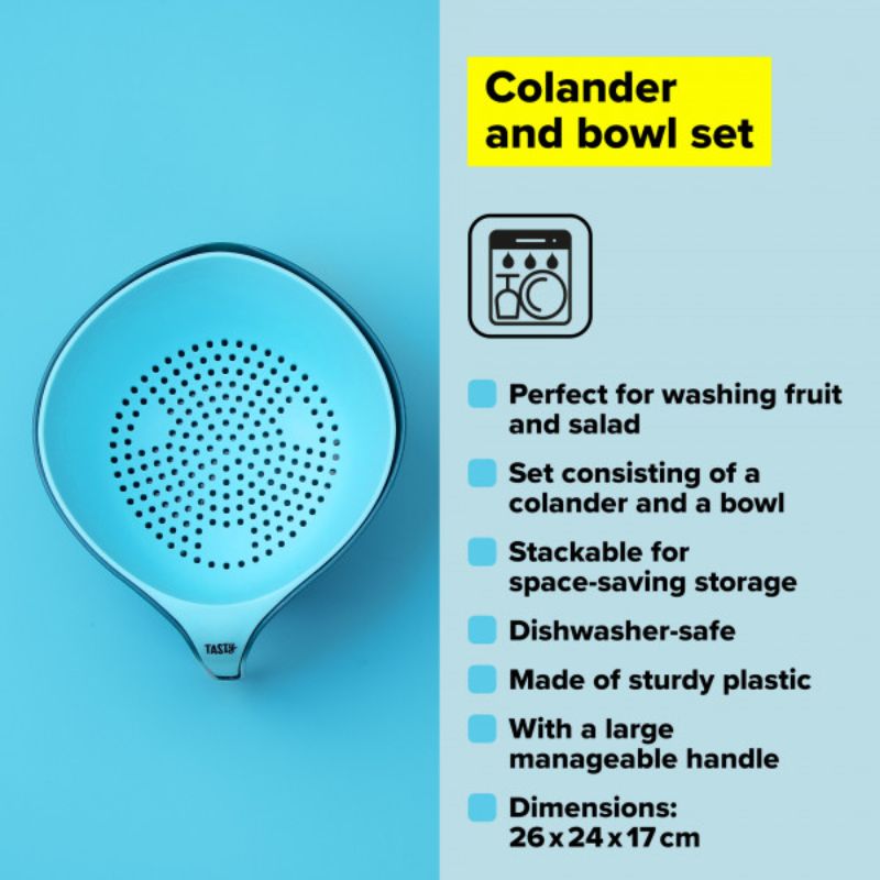 Vibrant blue colander set for easy washing, draining, and serving, combining style with practicality in meal prep.