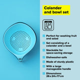 Vibrant blue colander set for easy washing, draining, and serving, combining style with practicality in meal prep.