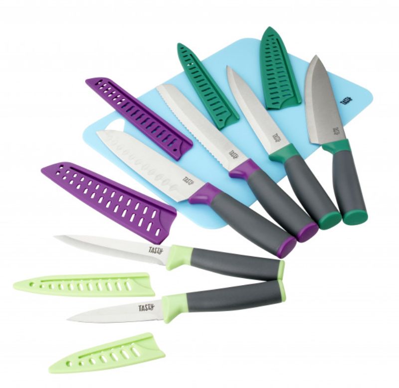 A vibrant 13-piece Tasty Chef's Knife Set with ergonomic handles, six essential knives, and protective sleeves in green or purple.