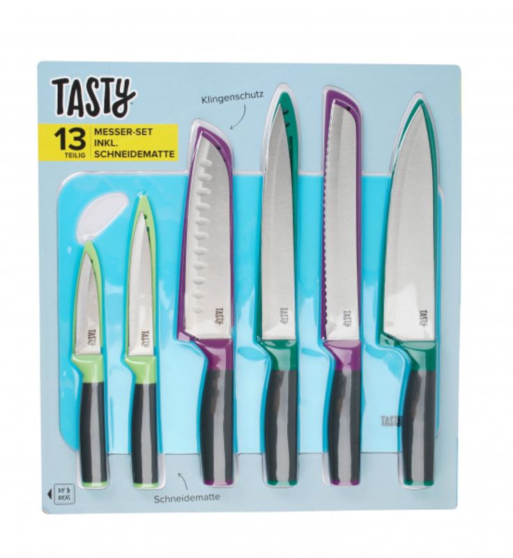 A 13-piece Tasty Chef's Knife Set featuring essential knives with durable stainless steel blades and vibrant protective sleeves.