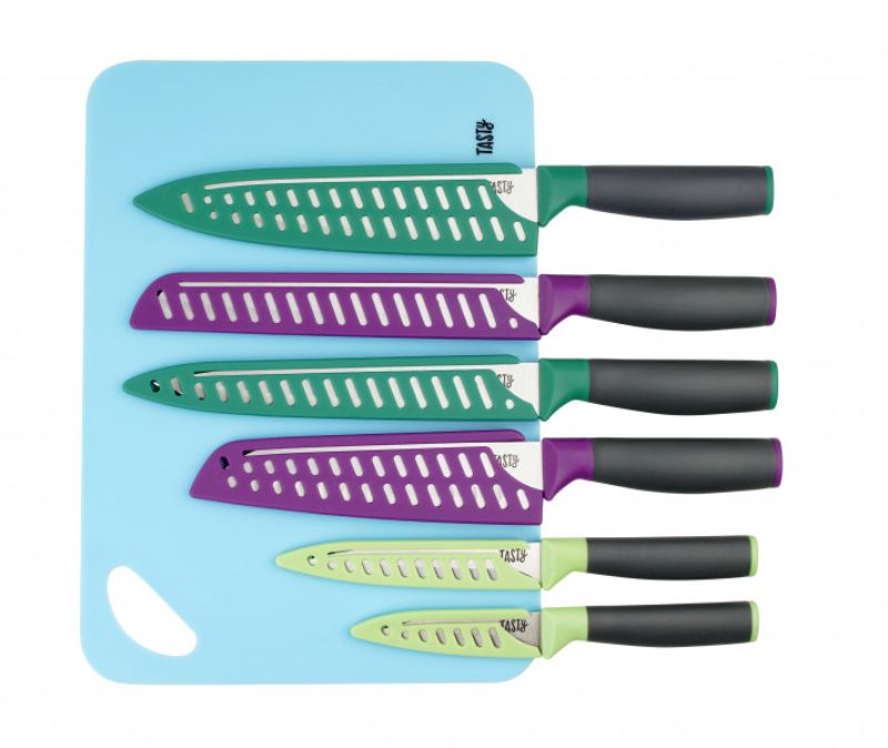 A 13-piece Tasty Chef's Knife Set with six essential knives, vibrant protective sleeves, and soft-touch handles for comfort.