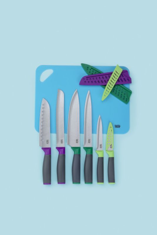 Premium 13-piece Tasty Chef's Knife Set with vibrant protective sleeves and ergonomic handles for effortless culinary tasks.